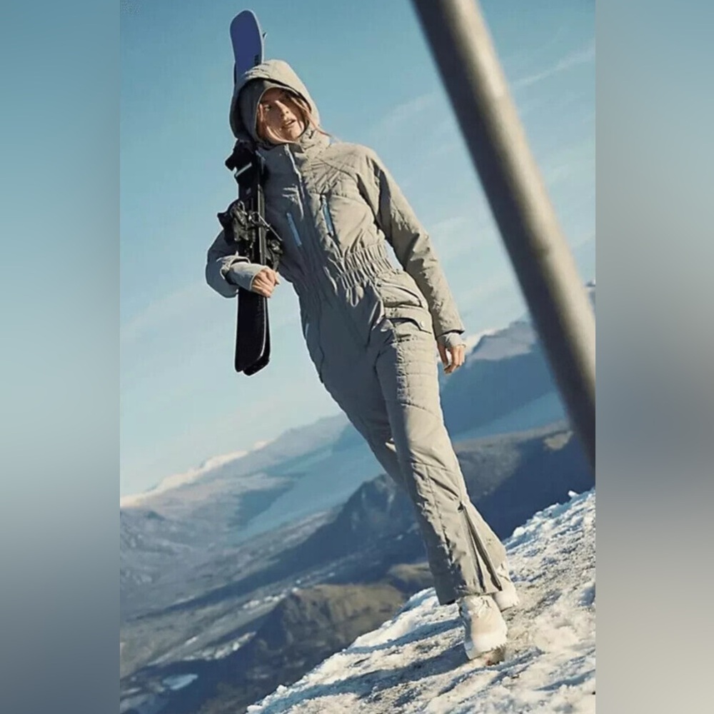 Free People Gray Quilted One-Piece Ski Jumpsuit